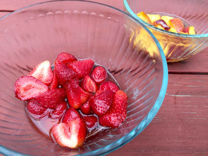 Perfect fruit for shrubbin’ is already a bit past its prime. Here are strawberries and peaches tossed with sugar until it dissolved.